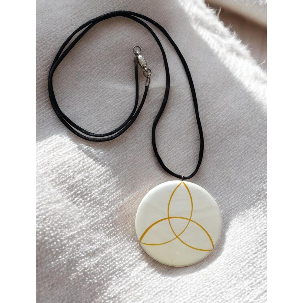 Round Pendant Necklace Black Cord 32" White Resin Celtic Trinity Symbol Jewelry